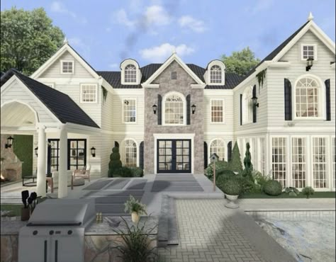 Old Money House Bloxburg, Colonial Bloxburg House, Old Money Bloxburg House, Elegant Bloxburg House, Rich Bloxburg House, Bloxburg Old Money House, Big Bloxburg Houses, Bloxburg Mansion Ideas Exterior, Bloxburg Realistic House Exterior