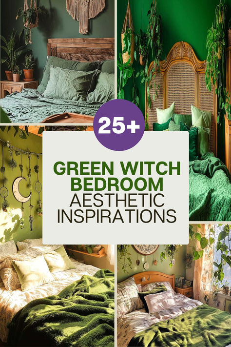 🌿🔮 Greetings, magical beings and earth-loving enchantresses! Are you ready to transform your sleeping quarters into a verdant haven that would make Mother Nature herself green with envy? Well, grab your crystal ball and prepare Green Witch Decor Ideas, Cottage Witch Bedroom Aesthetic, Cozy Dark Green Bedroom Aesthetic, Green Fairy Bedroom, Forest Theme Bedroom Nature, Forest Witch Bedroom, Greenery Room Decor Bedroom, Green And Purple Bedding, Cottage Core Bedroom Inspirations