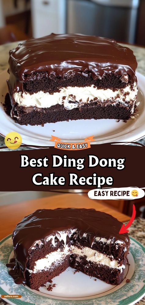 Ding Dong Cake The Most Amazing Classic Chocolate Cake, Fudge Round Cake Recipes, Chocolate Ding Dong Cake, Dong Dong Cake, Chocolate Hoho Cake, Devils Float Cake, Dingdong Cake Recipe, Ding Dong Cake With Cream Cheese Filling, Hostess Ding Dong Cake