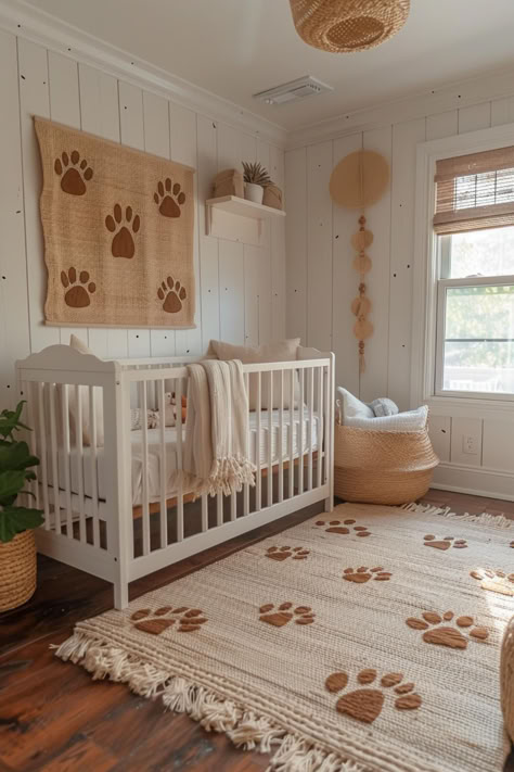 40 Cute Boho Nursery Decor Ideas for Your Bundle of Joy Neutral Puppy Nursery, Nursery Ideas Puppy Theme, Dog Inspired Nursery, Nursery Ideas Dog Theme, Pet Themed Nursery, Animal Nursery Theme Neutral, Golden Retriever Nursery Theme, Dog Nursery Ideas, Nursery Dog Theme