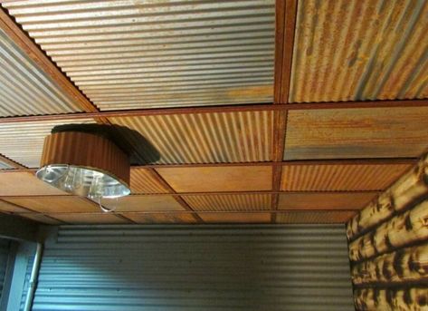 15 Basement Ceiling Ideas to Inspire Your Space - Bob Vila Corrugated Metal Ceiling, Corrugated Tin Ceiling, Metal Ceiling Tiles, Barn Tin, Steel Tiles, Corrugated Tin, Ceiling Grid, Decorative Ceiling Tile, Rustic Ceiling