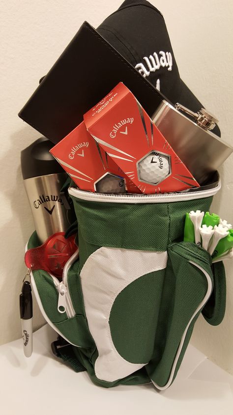 Raffle Gift Basket Ideas, Silent Auction Basket, Golf Tournament Gifts, Auction Gift Basket Ideas, Golf Fundraiser, Fundraiser Baskets, Golf Birthday Gifts, Golf Ball Gift, Room Parent