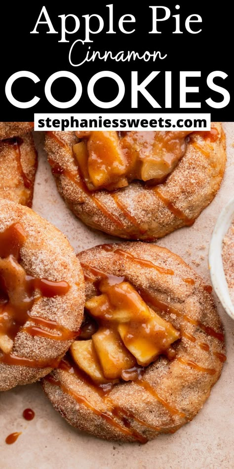 These apple pie cookies are cinnamon thumbprint cookies with apple filling. They are coated in cinnamon and topped with a drizzle of salted caramel. Salted Caramel Dessert, Mini Apple Pie, Caramel Dessert Recipes, Caramel Dessert, Apple Pie Cookies, Fall Baking Recipes, Delicious Sweets, Caramel Apple Pie, Pie Cookies