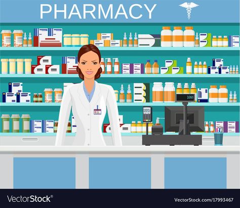 Pharmacy Illustration, Pharmacy Images, Pharmacy Art, Hospital Pharmacy, Pharmacy Medicine, Architecture Drawing Art, Flat Style, Pharmacist, Architecture Drawing