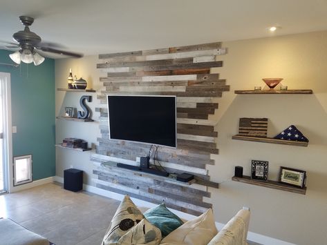 Staggered Wood Wall, Staggered Shiplap Wall, Wall Shiplap, Shiplap Living Room, Pallet Accent Wall, Rustic Modern Farmhouse, Shiplap Wall, Build Floating Shelves, Wood Walls