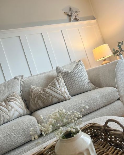 Panelling White Wall, Living Room Feature Wall Panelling, Living Room Panelling With Shelf, Behind Sofa Panelling, High Panelling Living Room, Living Room Panelling Behind Sofa, Neutral Living Room Panelling, Paneling Behind Sofa, Panelled Feature Wall Living Room