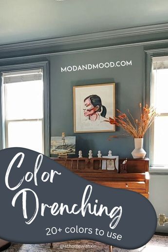 Color drenching has roots in classic Victorian style. The idea behind color drenching is typically to use a single color on the walls, trim, and ceilings. In this post, we will see several color drenched spaces in real life, look at a couple variations on the trend, and see a host of amazing colors to use in your home! Make sure to add these shades to your list of paint color ideas! Small House Interior Color Ideas, Painting A Room All The Same Color, Painting Room And Trim Same Color, Vaulted Room Paint Colors, Color French Living Room, Rich Paint Colors Living Rooms, Trim Matching Wall Color, Living Room Color Drench, How To Incorporate Color Into Your Home