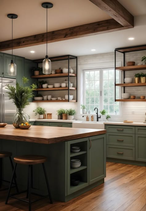 Country Interior Design, Green Kitchen Cabinets, Green Cabinets, Kitchen Inspiration Design, Modern Farmhouse Kitchens, Kitchen Trends, Trendy Kitchen, Minimal Modern, Green Kitchen