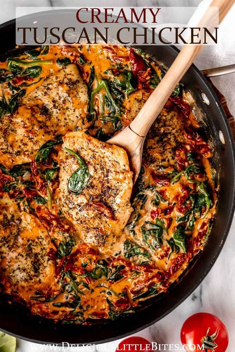 Creamy Tuscan Chicken is an incredibly flavorful, rich meal that you will absolutely love. Seasoned, pan-seared chicken swims in a cream-based sauce with tangy sun-dried tomatoes and savory spinach. It's an easy recipe for any occasion. Skillet Chicken Recipes Easy, Sundried Tomato Chicken, Creamy Tuscan Chicken, Pan Seared Chicken Breast, Sun Dried Tomato Sauce, Chicken Instant Pot, Mediterranean Diet Recipes Dinners, Chicken Skillet Recipes, Pan Seared Chicken