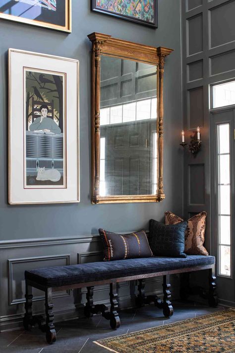 Designers Are Loving Blue for 2025—12 Hallway Ideas That Embrace the Trend Blue Gray Hallway, Dusty Blue Hallway, Blue Foyer Walls Entryway, Light Blue Entryway, Bold Hallway Paint Colors, French Blue Hallway, Dark Blue Hallway Ideas, Dark Foyer Paint Entryway, Color Drenched Entryway