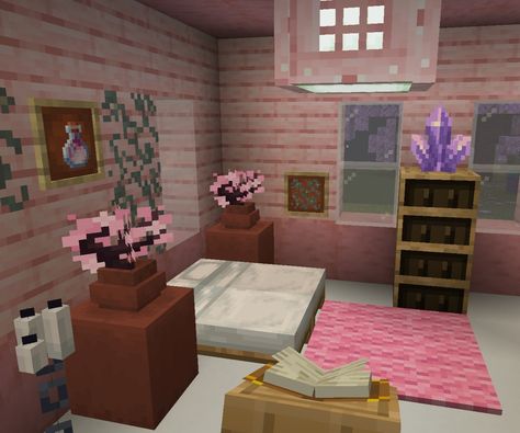 Cute Useful Minecraft Builds, Pink Blossom Minecraft House, Cute Minecraft Bed Ideas Pink, Cute Room Minecraft, Pink Bedroom Minecraft Ideas, Sakura Builds Minecraft, Cute Pink Minecraft Bedroom, Minecraft Living Room Ideas Pink, Minecraft Bedroom Designs In Game