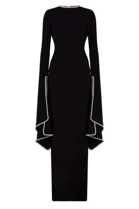 Classy Floor Length Dresses, Crepe Gown Styles For Wedding, Sophisticated Chic Outfits, Simple Modest Dresses, Simple Long Gown, Casual Classy Dress, Crepe Gown Styles, Black Dress With Long Sleeves, Long Sleeves Design