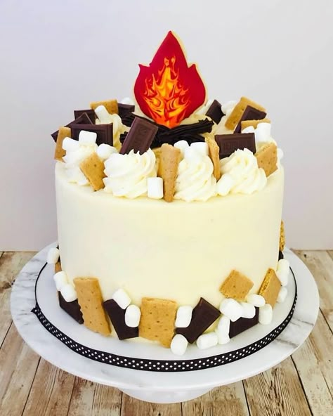 S’mores Decorated Cake, S'mores Birthday Cake, Smores 1st Birthday Party, Camp Cake Ideas, Camping Party Cake, S’more 1st Birthday, Camping Birthday Cake Ideas, Smore Birthday Cake, First Birthday Smores Theme