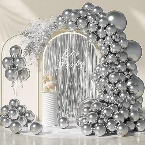 Silver Fringe Backdrop, Silver Balloon Garland, Silver Party Decorations, Silver Balloons, Balloon Clusters, 60th Birthday Decorations, Disco Bachelorette, Wedding Anniversary Decorations, Boo Tiful