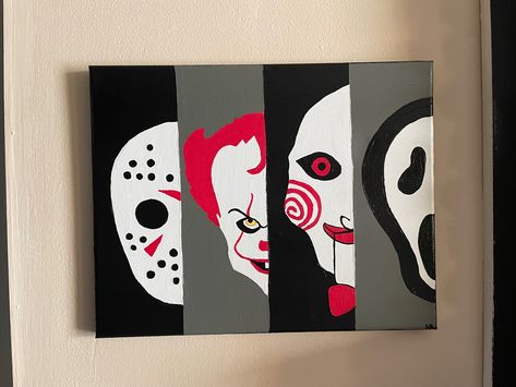 Scary Movies Paintings, Painting Horror Ideas, Scary Things To Paint On Canvas, Easy Scream Painting, Scream Painting Ideas Easy, Horror Characters Painting, Painting Ideas On Canvas Scream, Horror Movie Painting Ideas, Diy Halloween Painting Ideas