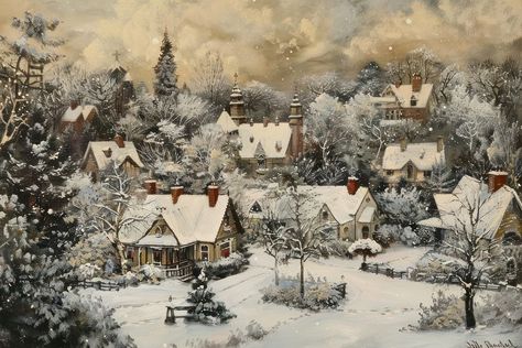 Snowy village winter wonderland scene | free image by rawpixel.com / Pitcha Benrohman Christmas Wallpaper Landscape Format, Winter Village Wallpaper, Winter Landscape Printables Free, Vintage Winter Painting, Winter Architecture, Winter Landscape Horizontal, Christmas Village Illustration Winter Scenes, Vintage Winter Landscape Paintings, Snowy Village