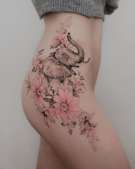 Elephant Tattoo Trunk Up, Elephant Tattoo Ideas For Women, Elephant Tattoos Leg, Unique Tattoos Back, Elephant Trunk Up Tattoo, Tattoo Ideas Female Elephant, Asian Elephant Tattoo, Elephant Back Tattoo, Elephant Tattoos Thigh