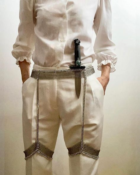 Juniper Rose on Instagram: "Ready 2 Rumble 🗡️ girdle in shop🗡️moonstone wood handled dagger @sorceressandthestone 🌙 balenciaga trousers & 80s blouse my own" Chain Garter, 80s Blouse, Scale Mail, Metal Tag, Triangle Bra, Spring Summer 2023, Chain Mail, Summer 2023, Lobster Claw