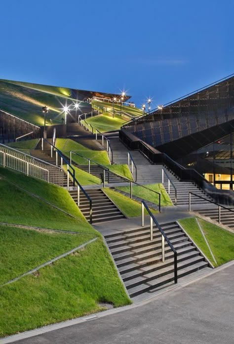 Terraced Landscaping, Landscape Stairs, Landscape And Urbanism Architecture, Landscape Steps, Urban Landscape Design, Landscape And Urbanism, Landscape Architecture Design, Green Architecture, Parking Design