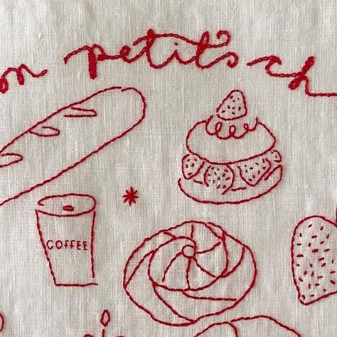 Hannah - commissions closed until 2024 on Instagram: "Hand embroidered napkin, to be framed and hung in the best, most delicious patisserie in Liverpool - @monpetitchoulpl I’m so proud of this piece, and where it’s going 🤩 thank you so much Betty for trusting me and giving me the opportunity to fill your lovely shop with embroidery!" What To Embroider On, Napkin Embroidery Ideas, Handwritten Embroidery, Hand Embroidery Ideas Projects, Embroider Napkins, How To Embroider By Hand, Bread Embroidery, Embroidery Doodles, Napkin Embroidery