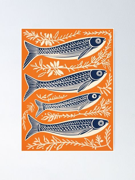 "Danish Woodcut Linocut Sardine Fish Print" Poster for Sale by Katherine Keenan Fish Poster Design Ideas, Linocut Poster, Linocut Tattoo, Sardine Fish, Folk Art Fish, Screen Printing Art, Woodcut Print, Shirt Inspiration, Fish Graphic