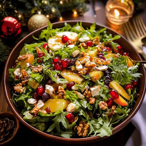 "Christmas Salad with Honey Mustard Dressing features vibrant greens, festive toppings, and a sweet tangy dressing perfect for the season." Christmas Salad With Honey Mustard Dressing, Recipes For Salad Dressings, Viral Salad Recipes, Salad Recipes For Christmas Dinner, Christmas Eve Meals, Salad Toppings Ideas, Salad With Honey Mustard Dressing, Lunch Dishes, Chopped Salads