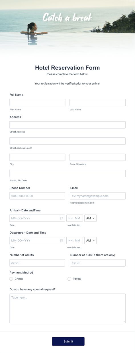 Gather passenger information with an online Flight Reservation Form. Free to customize and embed in your website. Great for airlines or travel agencies. Hotel Reservation Design, Hotel Reservation Form, Reservation Form, Reimbursement Request Form, Flight Reservation, Hotel Landscape, Room Reservation, Travel Agencies, Booking Website