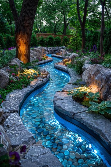 25 Stunning Backyard Stream Designs To Transform Your Garden Water In Garden Ideas, Cool Backyard Features, Landscape Waterfall Ideas, Water Features Backyard, Diy Garden Stream, Garden With Pond Ideas, Water In Garden, Diy Lazy River In Backyard, Stream In Garden