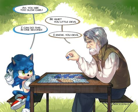 🌭Happy Sonic🍩🎗(slot closed) on Instagram: “I saw the scene that Carl was doing the puzzle(it was the scene that cut out from the movie), and I wanted to draw Carl and sonic doing the…” Movie Sonic, Sonamy Comic, Sonic The Movie, Sonic Movie, Hedgehog Movie, Sonic Funny, Sonic Fan Characters, Sonic Franchise, Blue Hedgehog