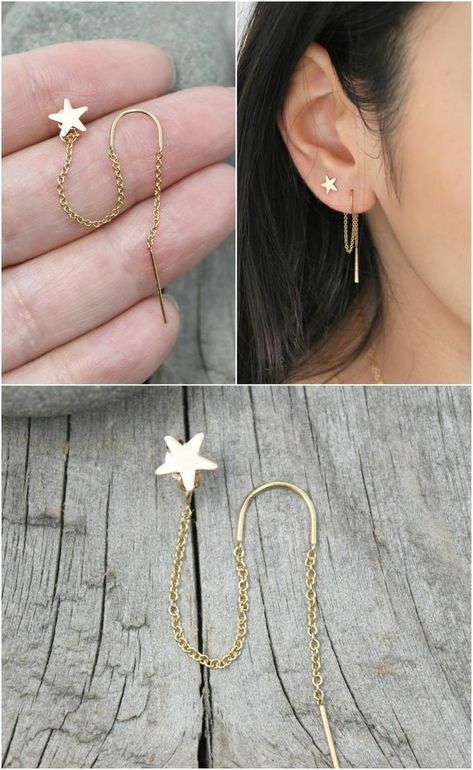 Cute Earring Combinations, Earrings Combo, Double Ear Piercings, Star Earring, Double Piercing, Cute Ear Piercings, Hammered Hoop Earrings, Piercing Ideas, Threader Earrings