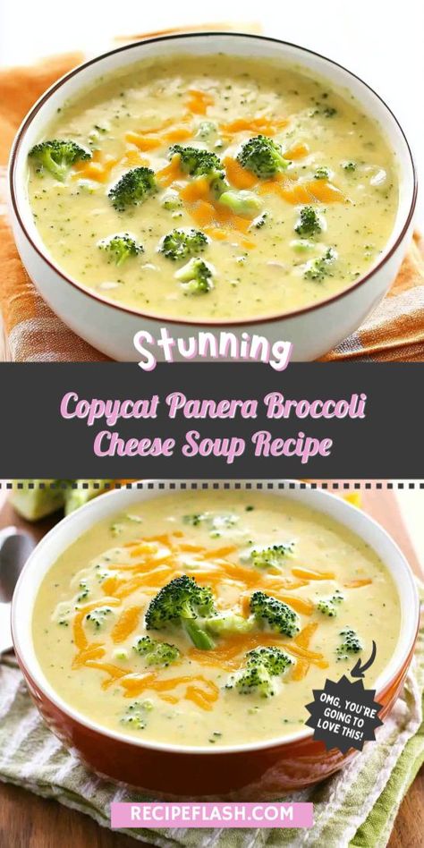 Indulge in this Copycat Panera Broccoli Cheese Soup Recipe! Creamy, comforting, and packed with fresh broccoli and rich cheese, this homemade soup is perfect for chilly days. Serve it in a bread bowl or with crusty bread for a delightful meal. Enjoy a warm bowl of deliciousness! Panera Broccoli Cheese Soup Recipe, Broccoli Cheese Soup Panera, Panera Broccoli Cheese Soup, Panera Recipes, Broccoli Cheese Soup Recipe, Cheese Soup Recipe, Copycat Panera, Broccoli Cheese Soup Recipes, Cheese Soup Recipes