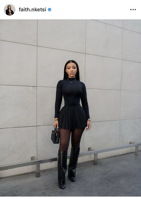 Birthday Dinner Outfit Cold Weather, Black Dress Casual Outfit Winter, Skirt With Boots Outfit Black Women, Tech Chic Outfit, Black Outfit Pink Heels, All Black Tights Outfit, Pencil Skirt Fits, Fall Outfits Black Women Baddie, New Year Eve Outfit Ideas For Women