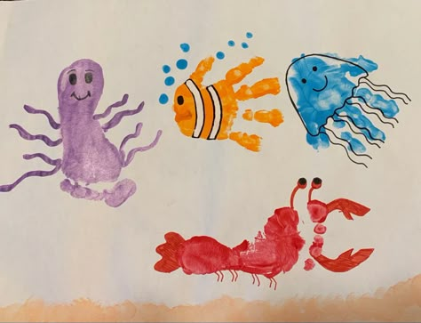 Sea Creatures Handprints, Footprint Sea Creatures, Lobster Footprint Craft, Sea Animals Handprint Art, Handprint Ocean Crafts, Infant Beach Art, Handprint Fish Crafts For Toddlers, Ocean Life Art For Toddlers, Starfish Handprint Craft