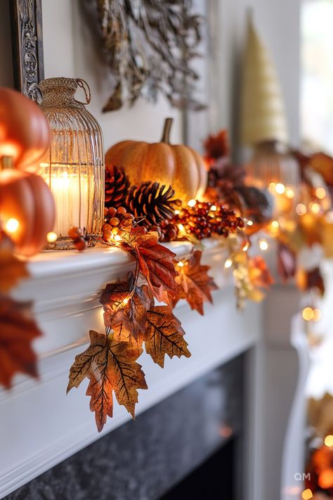 Fall Mantel Decor Ideas with pumpkins, pine cones, fairy lights, and autumn leaves create a cozy, inviting feel for fall season home decor. Fireplace Autumn Decor, Fall Retreat Decorations, Fall Decor Floating Shelves, Southern Fall Decor, Decorating With Gourds, Thanksgiving Ideas Decorating, Fall Fireplace Mantel Decor, Fall Decor Simple, Thanksgiving Decor Ideas