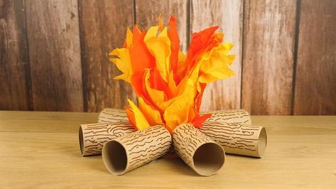 How To Make A Pretend Camp Fire, Paper Fire Logs, Miniature Fire Pit, How To Make Flames Out Of Tissue Paper, Faux Fire Pit, Fake Firepits, Fake Campfire With Lights, How To Make A Fake Campfire, Faux Campfire Diy