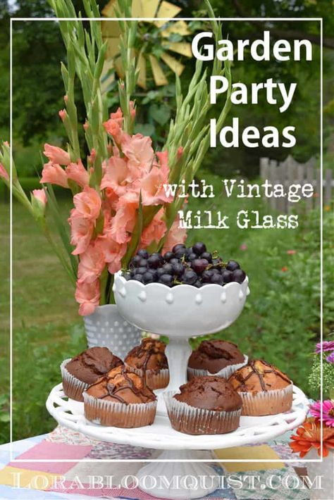 Milk Glass Shower Decorations, Decorating With Milk Glass, Summer Garden Party Ideas, Garden Party Ideas, Pretty Table Settings, Vintage Garden Parties, Lunch Party, Fall Picnic, Table Setting Inspiration