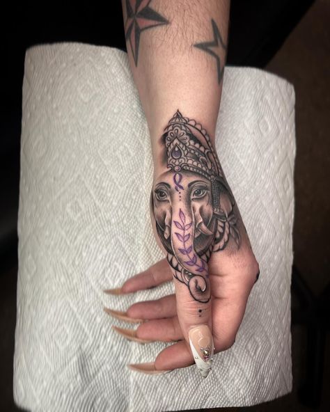 Ganesha Finger Tattoo, Ganesh Hand Tattoo, Meaning Hand Tattoo, Hand Tattoos Elephant, Hand Spiritual Tattoo, Hand Tattoo Elephant, Hindu Hand Tattoos For Women, Hamsa Leg Tattoo, Hand Tattoo Spiritual