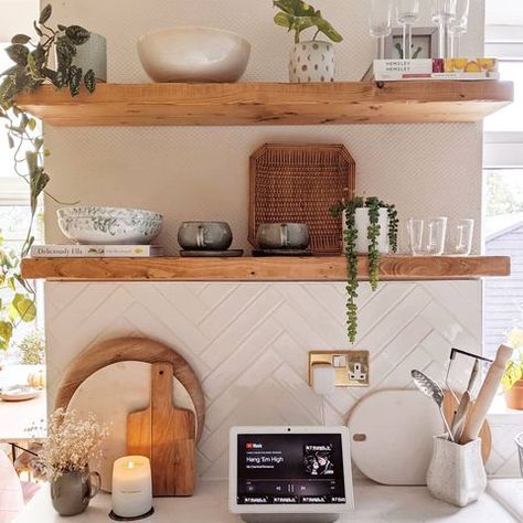 Catherine (@thetetburyhouse) • Instagram photos and videos Contemporary Wall Shelf, Decorative Wall Shelves, Floating Shelving, Shelf For Kitchen, Kitchen Floating Shelves, Wood Floating Shelf, Timber Shelves, Kitchen Wall Shelves, Kitchen Shelf Decor