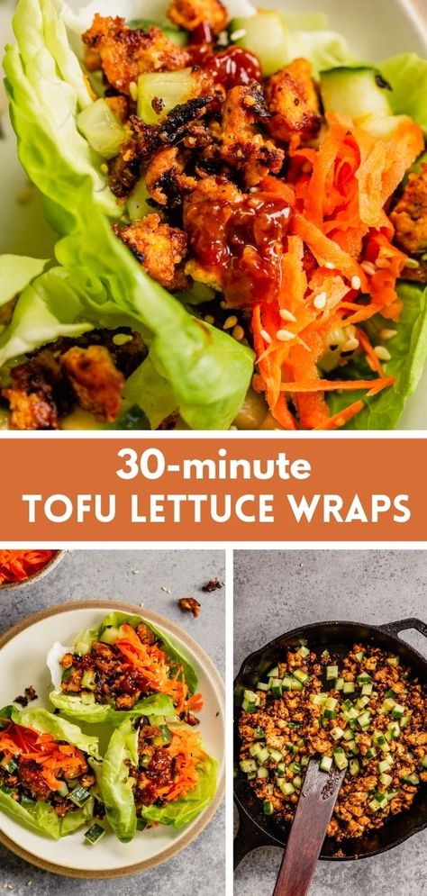 30-Minute Tofu Lettuce Wraps! These vegan lettuce wraps feature crispy fried tofu and are packed with savory flavor from gochujang, miso, garlic and ginger. A delicious and healthy weeknight dinner! Lettuce Wraps Recipes, Korean Tofu, Tofu Lettuce Wraps, Vegan Lettuce Wraps, Easy Lettuce Wraps, Vegetarian Lettuce Wraps, Healthy Era, Korean Vegan, Quick Chicken Dinner