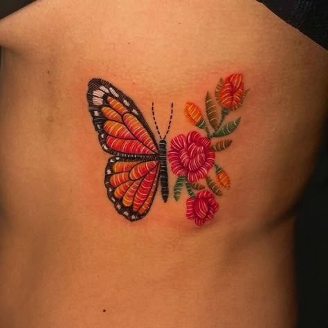 Embroidery Tattoo Ideas, Fernanda Ramirez, Cross Stitch Tattoo, Special Tattoo, Mexico Tattoo, Mexican Tattoo, Mexican Art Tattoos, Stitch Tattoo, Embroidery Tattoo