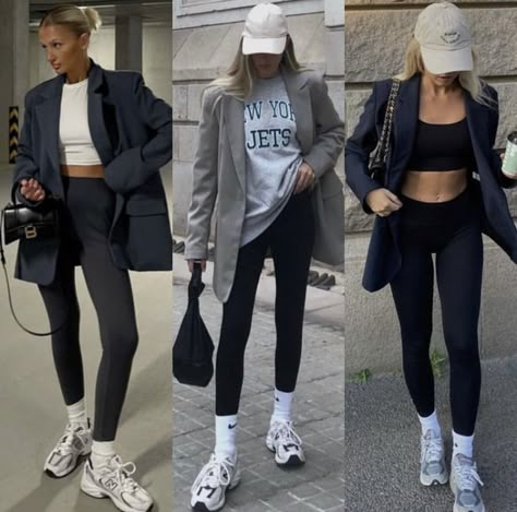 Blazer And Activewear, Legging Style Outfit Ideas, Professional Sporty Outfits, Edgy Athleisure Outfits, New Balance 530 Outfit Inspo Women, Nb 9060 Outfit Woman, Newbalance Outfits 9060, Outfits With New Balance 9060, Athlesiure Fits Women