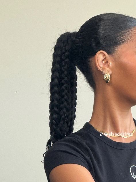 Slick Braids Hairstyles, Easy Protective Styles For Long Natural Hair, Cruise Hairstyles For Black Women Natural Hair, Classy Braids For Black Women, Protective Styles With Added Hair, Three Braids Into Ponytail, Long Plait Hairstyles, One Jumbo Braid Ponytail, Protective Updos For Black Women