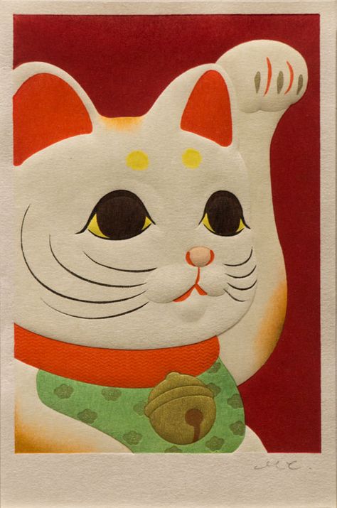 Mokuhankan Catalogue : Maneki Neko Vietnam Art Design, Maneki-neko, How To Draw Eyelashes, Japanese Culture Art, Vietnam Art, Japanese Cat, Old Tattoos, Movie Posters Design, Statement Art