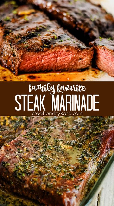 Best Steak Marinade Recipe - use this marinade for steaks that are bursting with flavor. Plus tips for grilling juicy steak every time. #steakmarinade #sirloinsteakmarinade #marinade #dinnerrecipe #lowcarb #grilling -from Creations by Kara Tenderizing Steak Marinade, Sirloin Marinade, Marinade For Steaks, Sirloin Steak Marinade, Homemade Steak Marinade, Marinated Steak Recipes, Meat Marinade Recipes, Steak Marinade For Grilling, Easy Steak Marinade Recipes