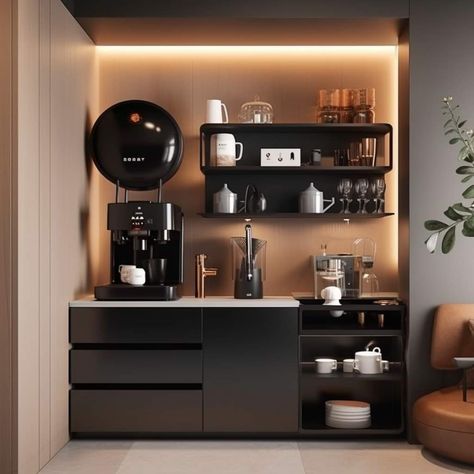 Coffee Bar In Living Room, Coffe Corners Ideas, Ideas For Coffee Bar, Teachers Lounge Decor, Tea Nook, Bar In Living Room, Kitchen Station, Cofee Bar, Dark Bedrooms