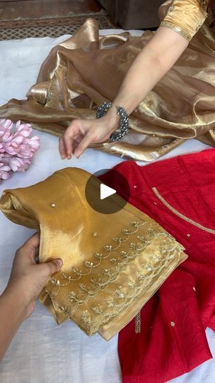 Gold Saree With Red Blouse, Red Colour Saree With Contrast Blouse, Gold Tissue Saree With Contrast Blouse, Red Saree With Contrast Blouse, Gold Saree With Contrast Blouse, Red Color Outfits, Silk Blouse Outfit, Saree With Contrast Blouse, Colour Outfit