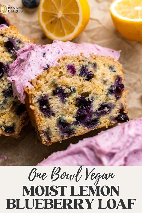 MOIST One Bowl Vegan Lemon Blueberry Loaf Recipe - No eggs! | The Banana Diaries Lemon Blueberry Sheet Cake, Vegan Blueberry Cake, Blueberry Loaf Recipe, Blueberry Sheet Cake, Vegan Lemon Blueberry Cake, Desserts Easy 3 Ingredients, Gluten Free Vegan Recipes Desserts, Blueberry Loaf Cakes, Blueberry Frosting