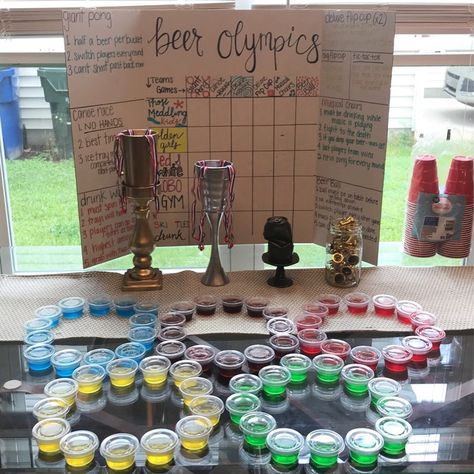 Drinking Olympics Games Bachelorette Parties, Beerlympics Themes, Bachelorette Beer Olympics Games, Beer Olympics Games Ideas, Drinking Olympics Games, Beer Olympics Birthday Party, Beer Olympics Trophy Diy, Beer Olympic Trophies, Backyard Bachelorette