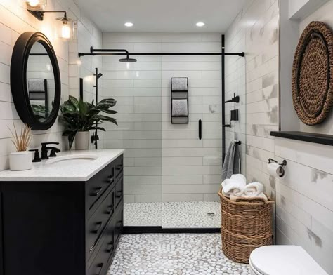 7+ Coastal Black and White Bathroom Ideas for a Breezy Feel • 333+ Inspiring Lifestyle Ideas Black White And Tan Bathroom Ideas, Black Coastal Bathroom, Black White Boho Bathroom, Black Grey And White Bathroom Ideas, Black And White Spa Bathroom, Black And White Bathroom With Color Pop, White And Black Bathrooms, White Bathroom With Black Accents, Black White Grey Bathroom