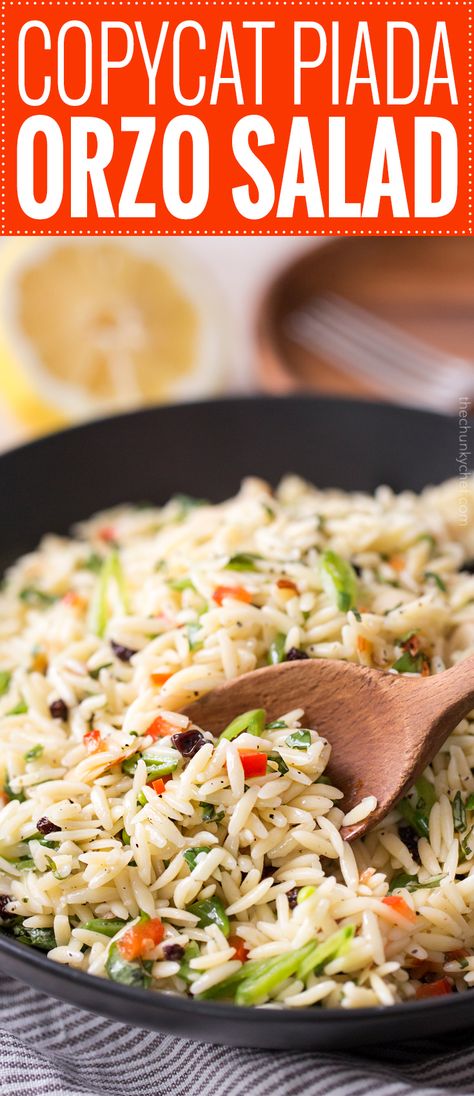 Copycat Piada Orzo Salad | This orzo salad is a copycat of the one sold at Piada Italian Street Food... it's crunchy, a little sweet, a little savory, and always a hit at parties! | http://thechunkychef.com Orzo Salat, Roasted Breakfast Potatoes, The Chunky Chef, Italian Street Food, Chunky Chef, Orzo Salad Recipes, Orzo Recipes, Italian Street, Orzo Salad